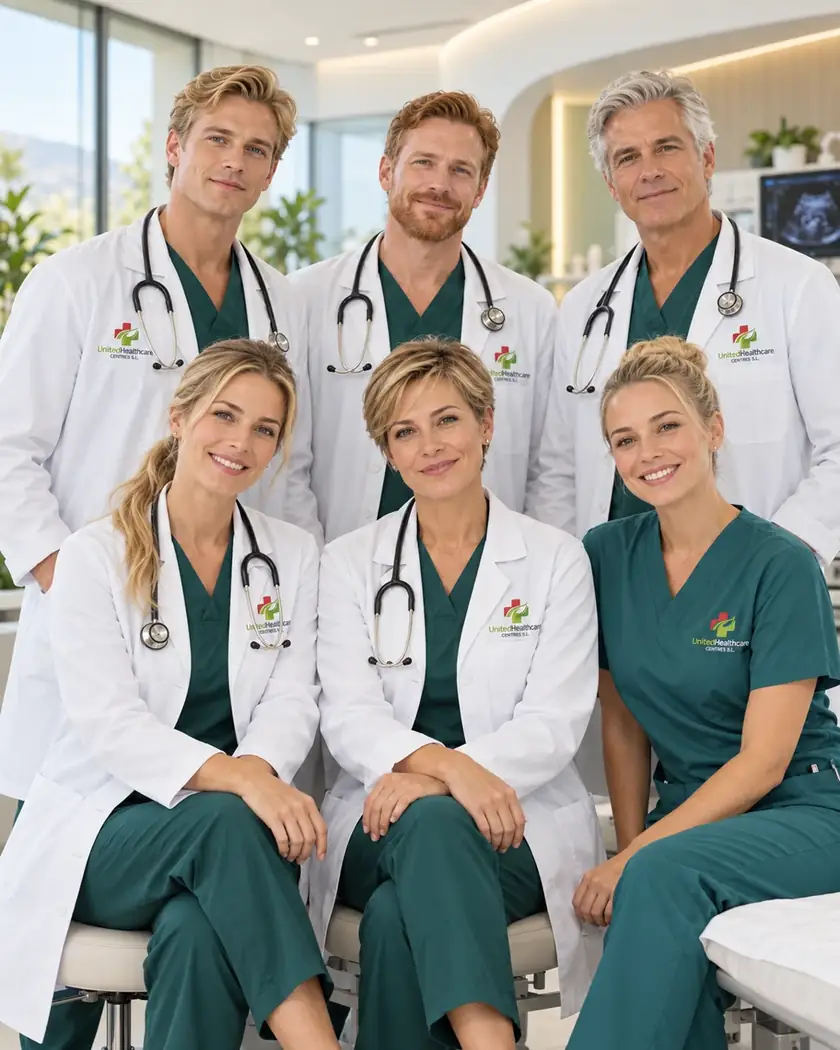 Imagen ilustrativa de seis profesionales de apariencia nórdica, incluida una enfermera, con uniformes de United Healthcare Centres